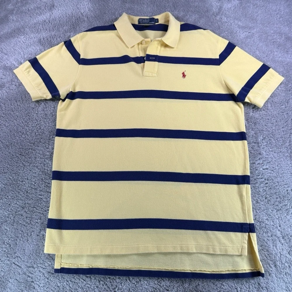 Polo Ralph Lauren Mens L Yellow Navy Stripe Pony 100% Cotton Rugby Polo Shirt